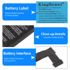 F7A label detail 7.74V 50.3Wh 6500mAh, ribbon cable connector and side view of Steam Deck battery