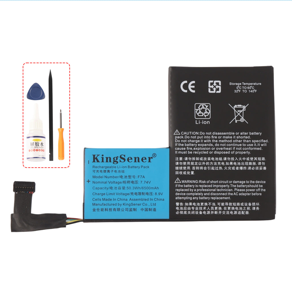F7A Steam Deck 50.3Wh 6500mAh battery plus glue remover, spudger, screwdriver and pry tool, studio shot