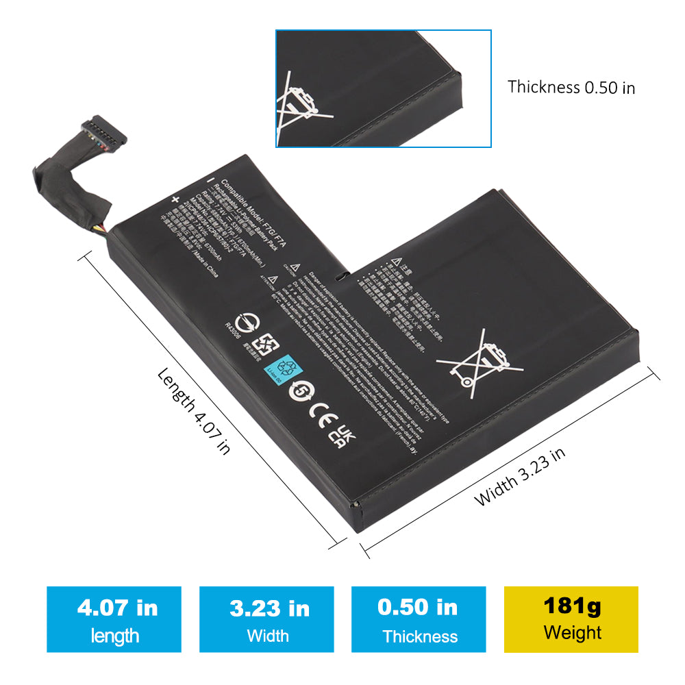F7A battery dimensions showing 4.07 in length, 3.23 in width, 0.50 in thickness, 181g