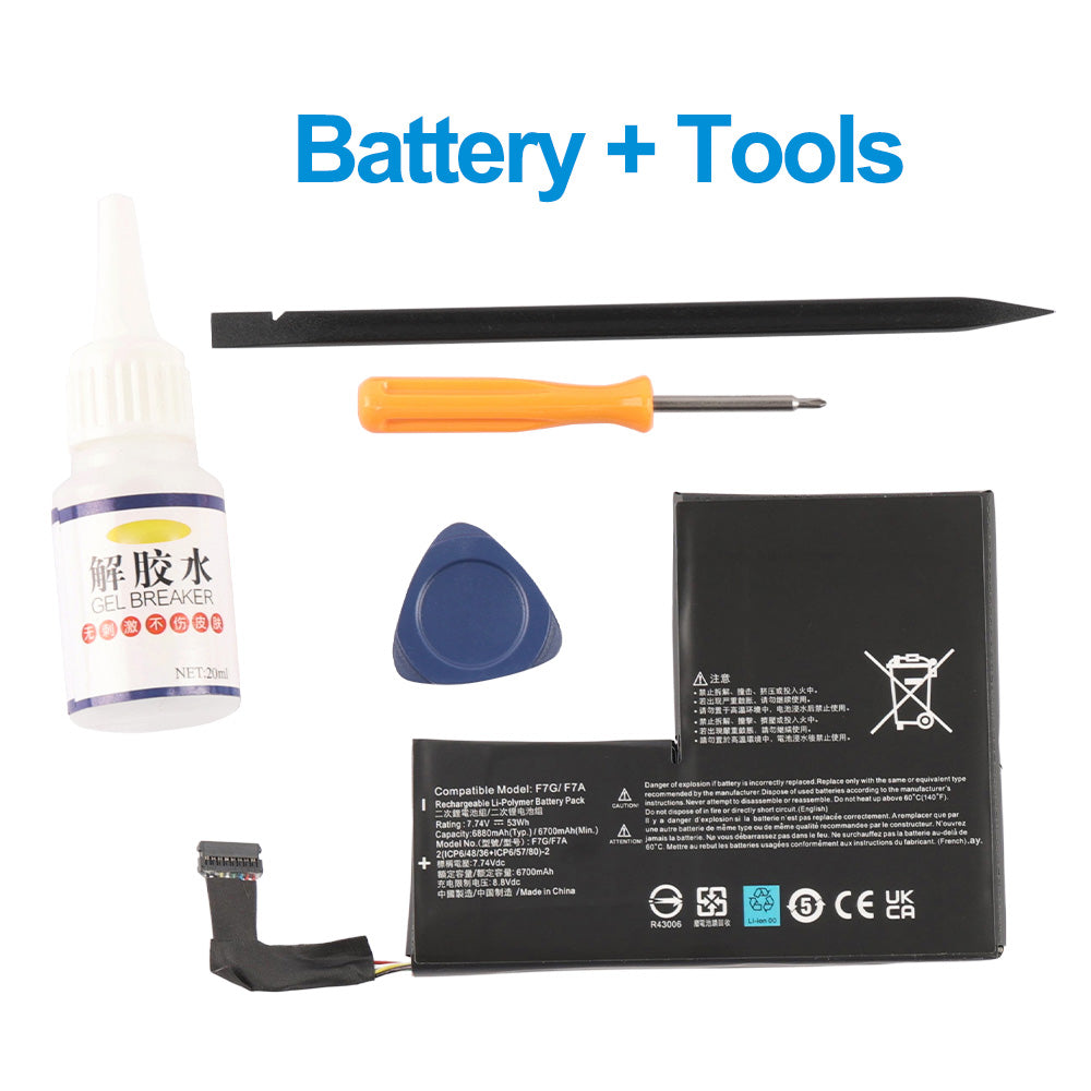 F7A battery replacement kit with tools including gel breaker, screwdriver, and spudger