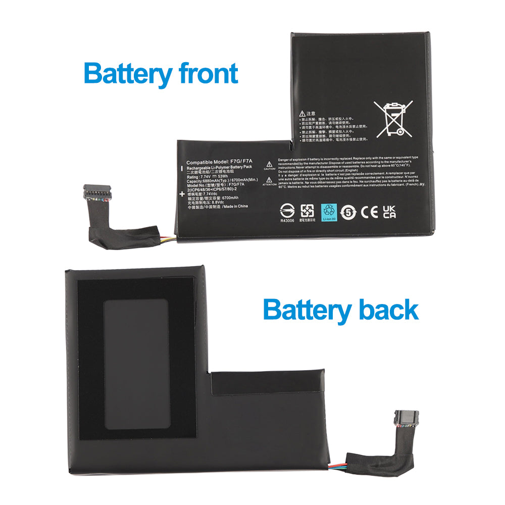 F7A battery front and back view showing label side and plain rear side with connector