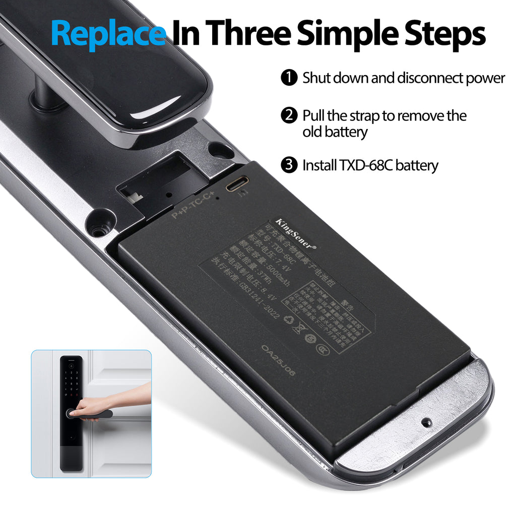 KingSener TXD-68C 5000mAh 7.4V 37Wh smart door lock Li-ion battery 3-step replacement: shut down, pull strap, install