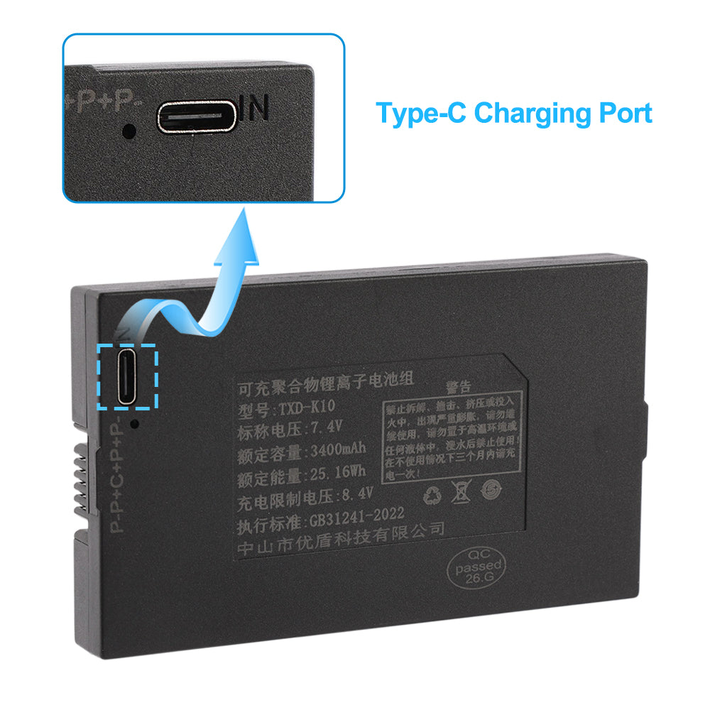 TXD-K10 7.4V Li-ion battery features built-in Type-C charging port for convenient recharge anytime