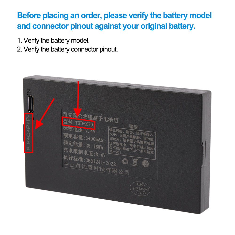 Verify your original battery model TXD-K10 and connector pinout P-P+C+P+P- before placing order