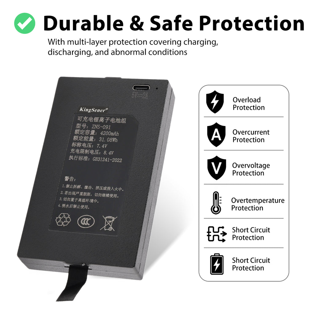 KingSener ZNS-091 4200mAh 7.4V smart door lock Li-ion battery with 6-layer safety protection, built-in Type-C port
