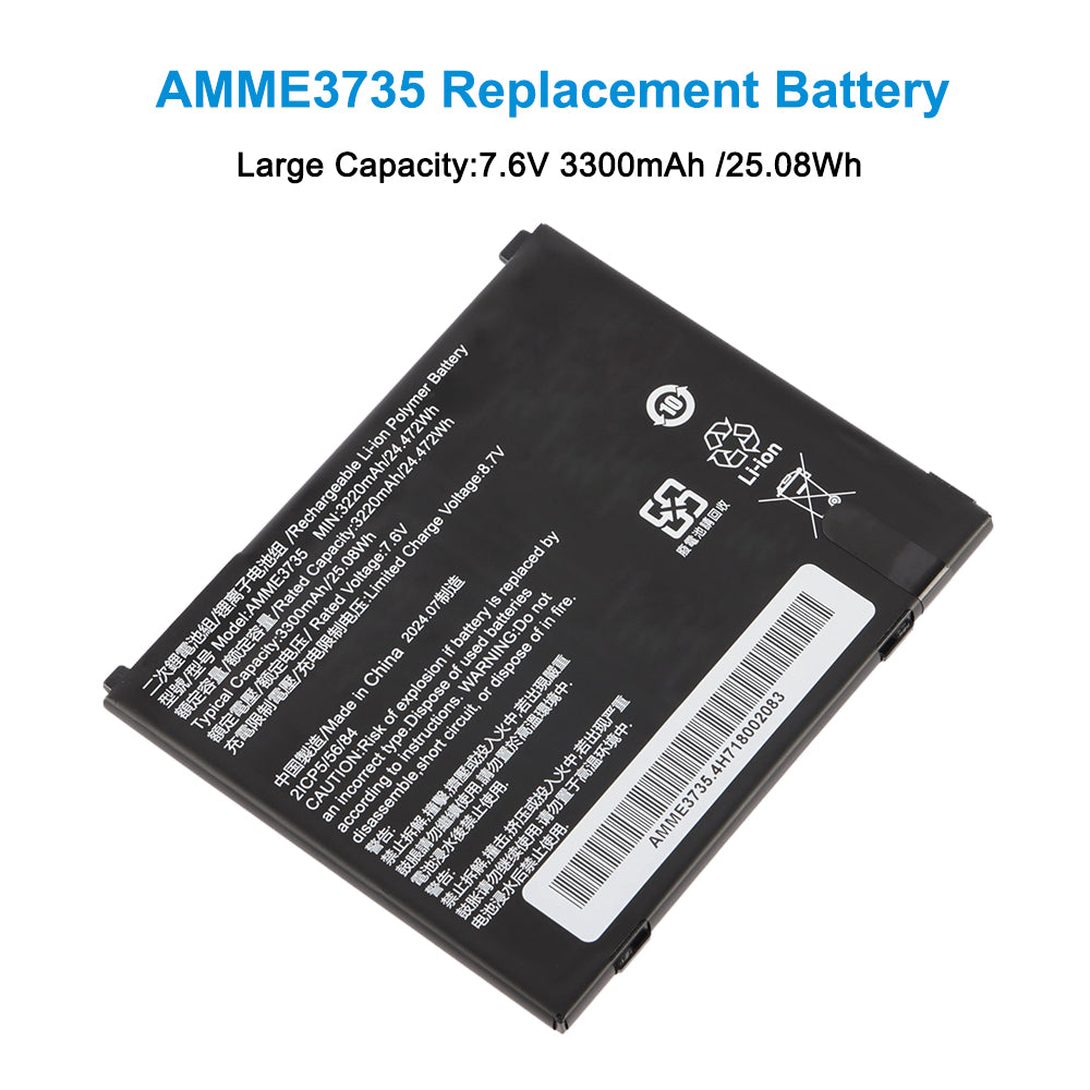 AMME3735 replacement battery product photo showing 7.6V 3300mAh/25.08Wh large capacity