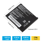 AMME3735 battery dimensions showing 4.51 in length, 3.75 in width, 0.20 in thickness, weight 110g