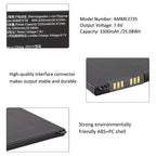 AMME3735 battery specifications with interface connector and ABS+PC shell details