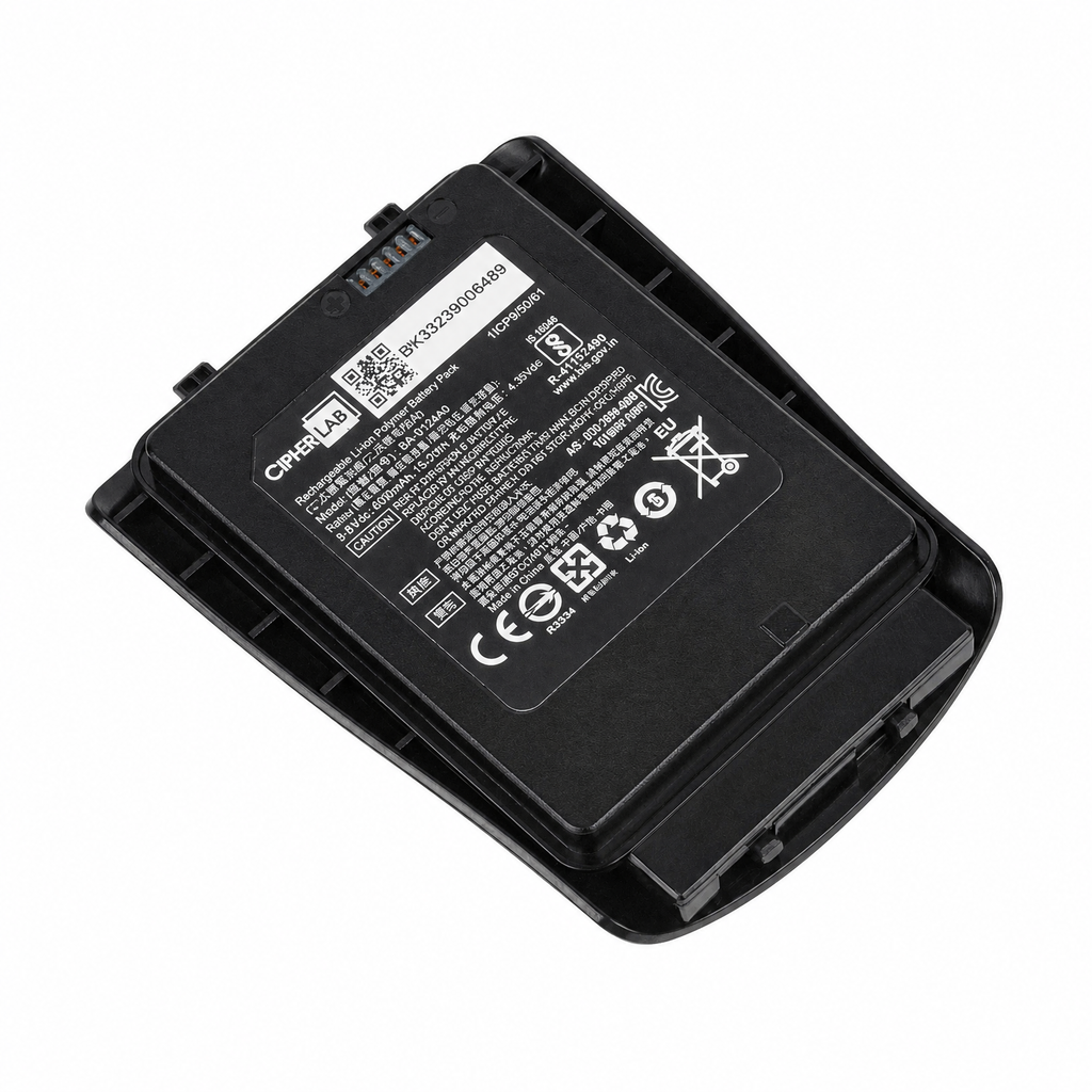 CipherLab BA-0124A0 and BA-0126A0 battery shown fully visible on a pure white background with its label and terminals preserved.