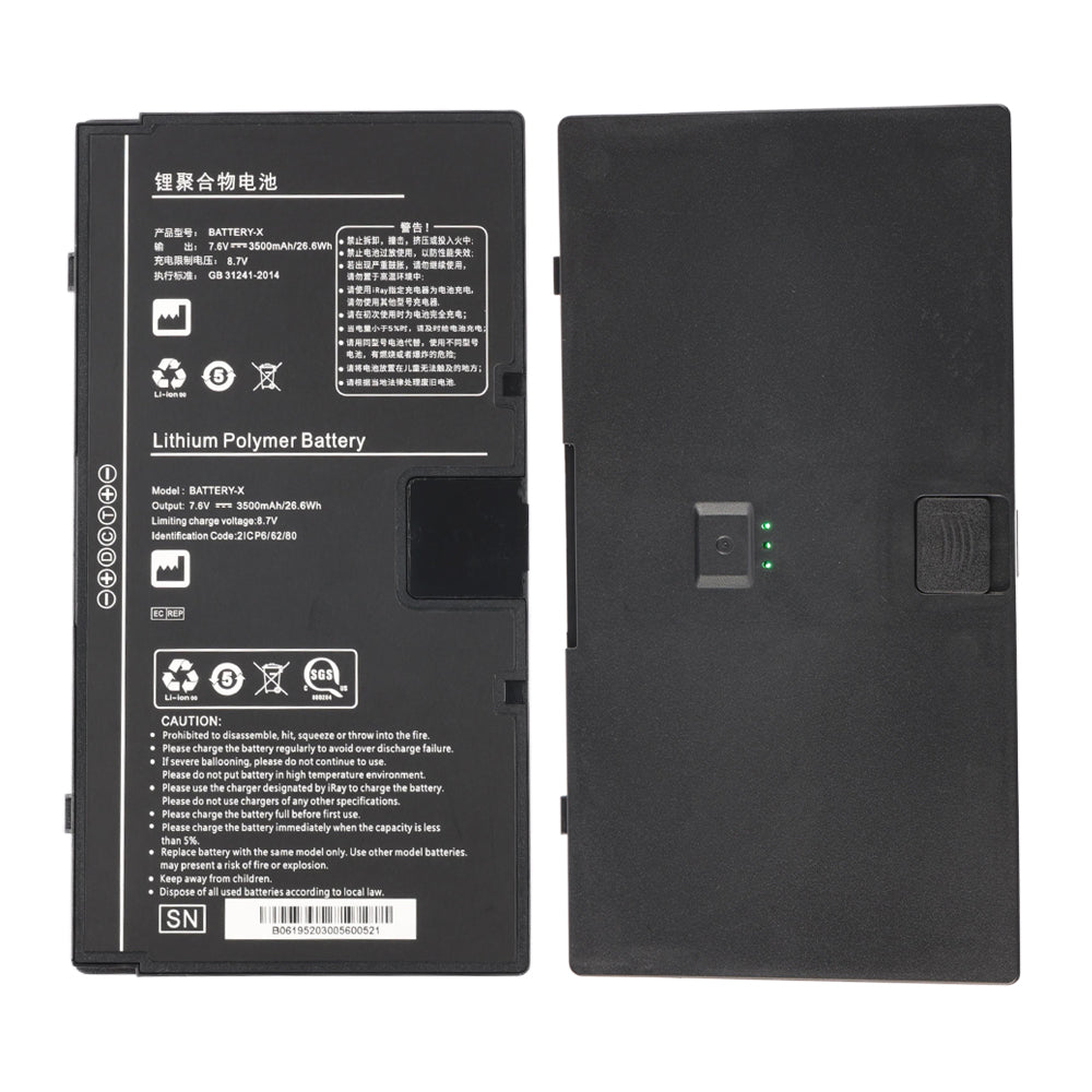 Fujifilm iRay Mars battery front and back view - specification label and LED indicator panel