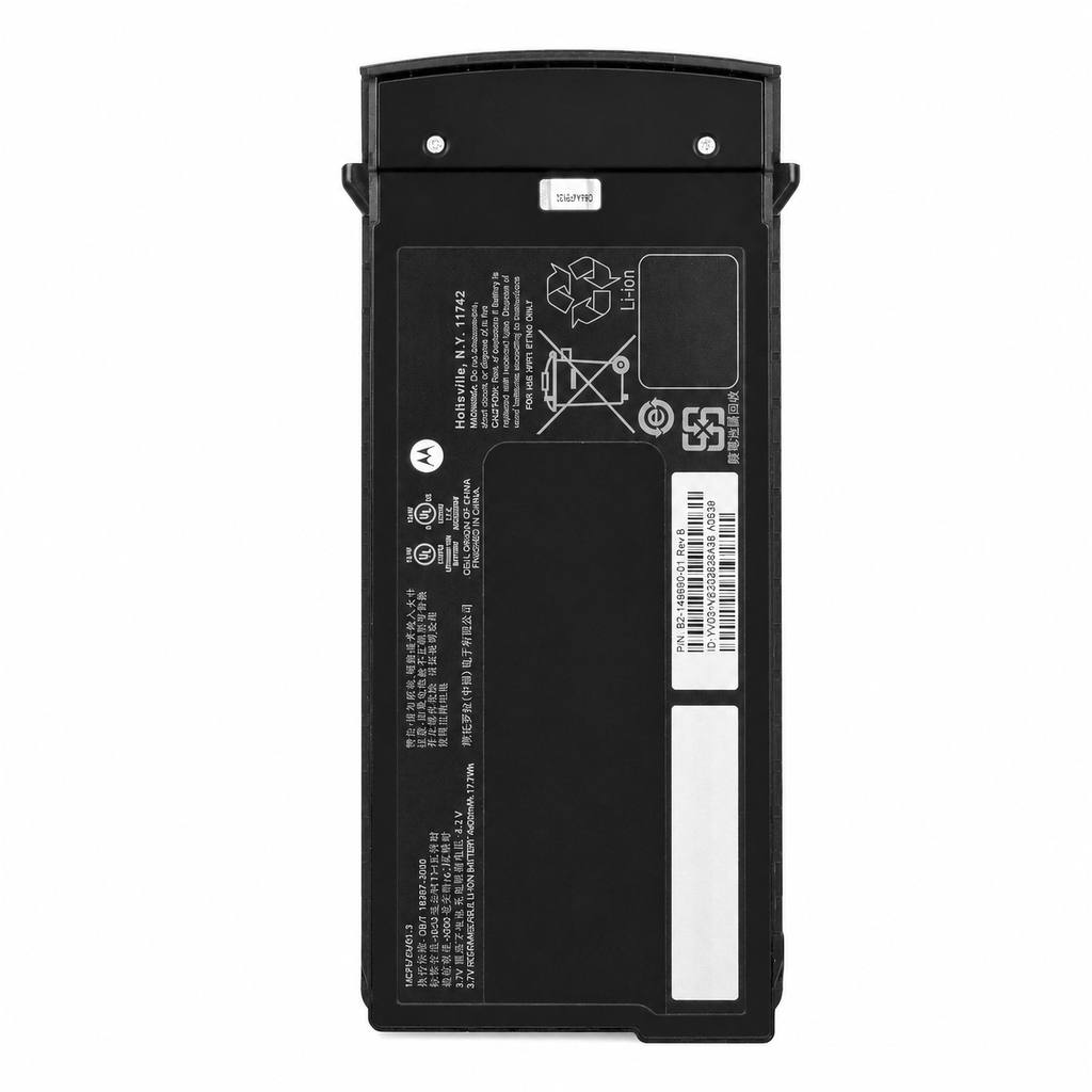 Motorola ET01EAB0E 82-149690-01 battery on a pure white background, showing its original housing, labels, terminals, and visible specifications.