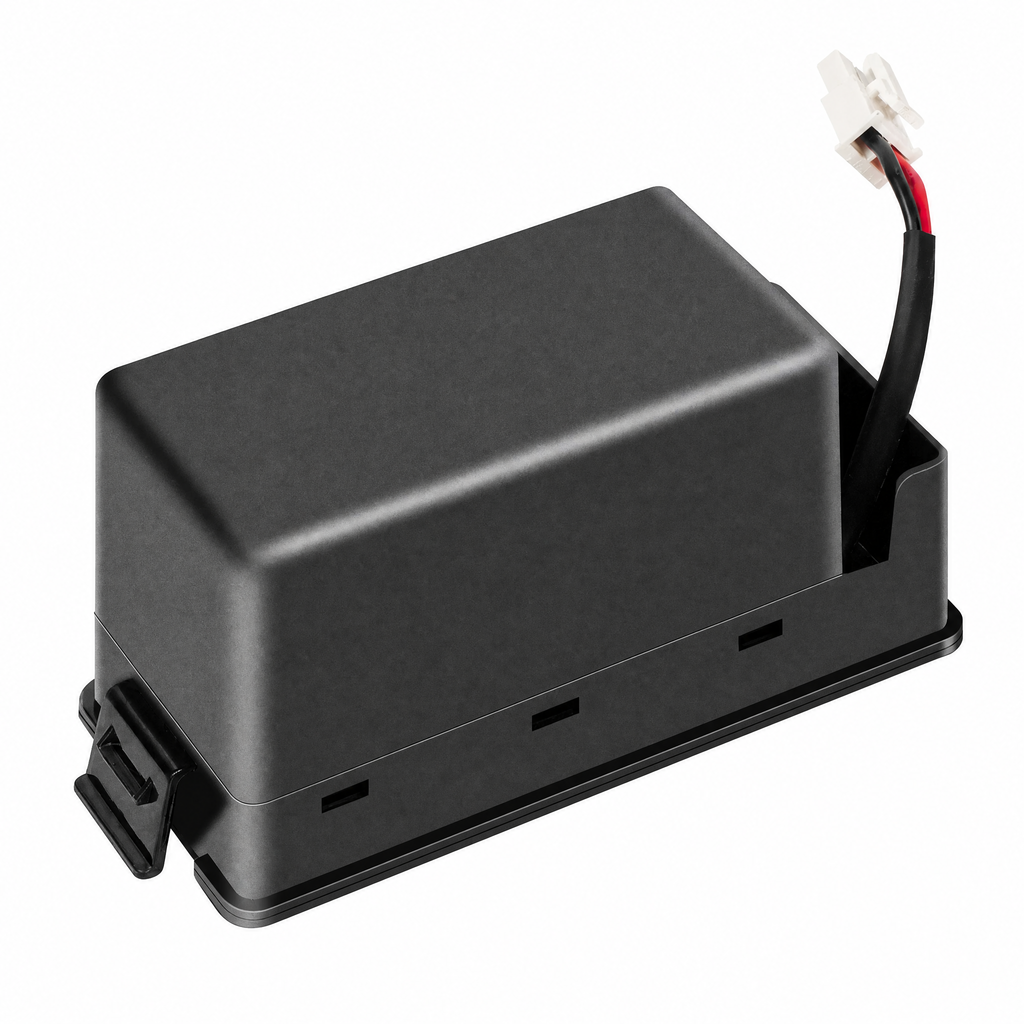 Tefal RS-2230002091 black battery pack with attached red-and-black cable and white connector on a pure white background.