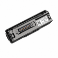 Zebra BT-000490 scanner battery on a pure white background, showing its black housing, gold contacts, polarity marks, connectors, and printed identification label.