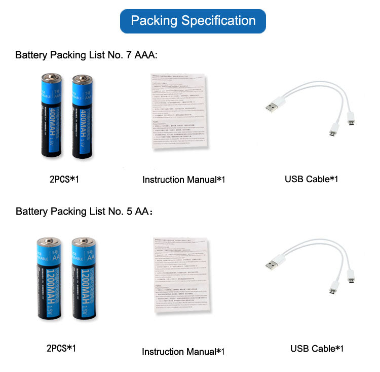 KingSener 2PCS/Lot 1.5V AA 1200mAh li-polymer li-po USB rechargeable battery lithium li-ion usb battery USB cable pack