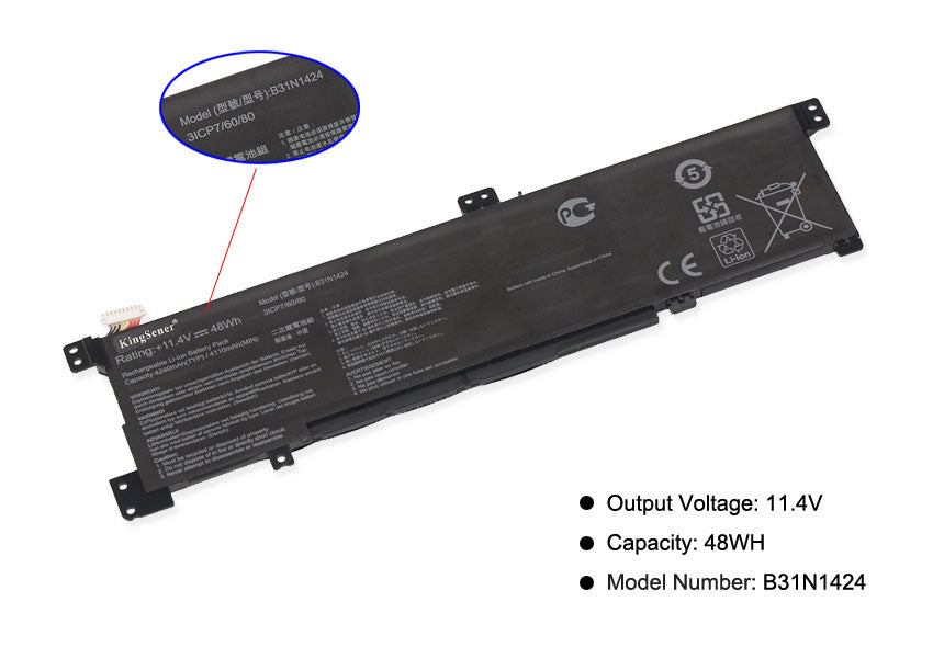 Bateria Kingsener B31N1424 para notebook ASUS U4000 K401LB5010 K401LB5500 K401U A400U K401L Series 48Wh 4240mAh