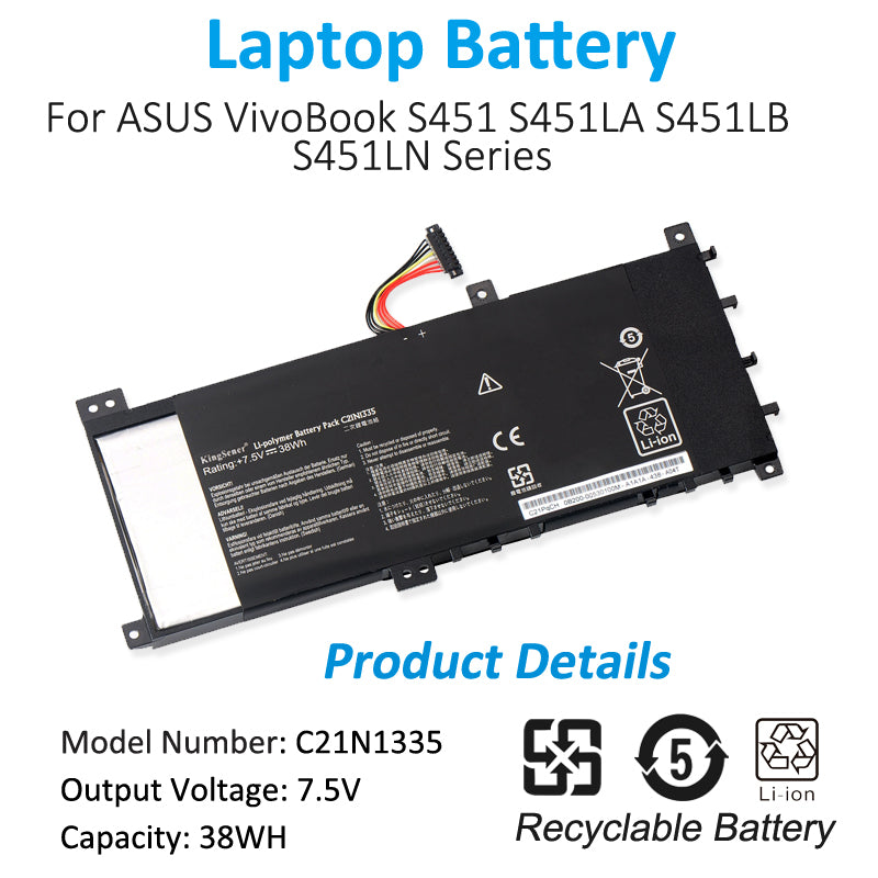 KingSener C21N1335 全新筆記本電池 適用於華碩 VivoBook S451 S451LA S451LB S451LN 系列超極本 7.5V 38WH