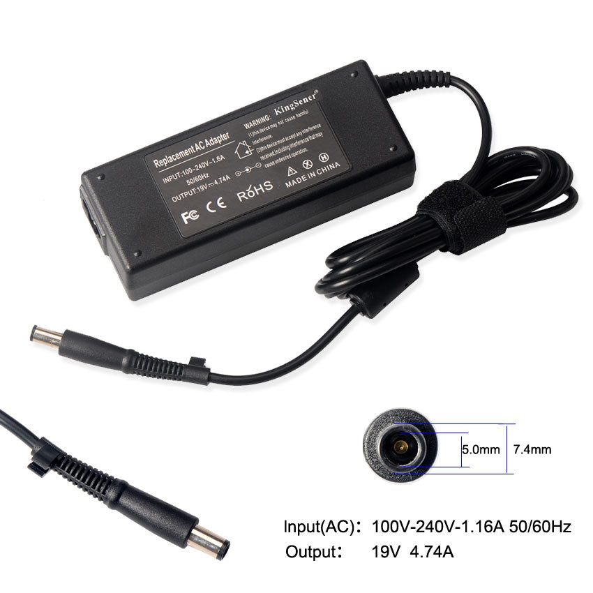 90W Power Adapter for Lenovo, 19V 4.74A, side view of the AC adapter with safety certification labels