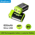 KingSener 9V 400mAh USB Rechargeable 6F22 Battery For Walkie-Talkie Thermometry Gun Smoke Detector Security Detector